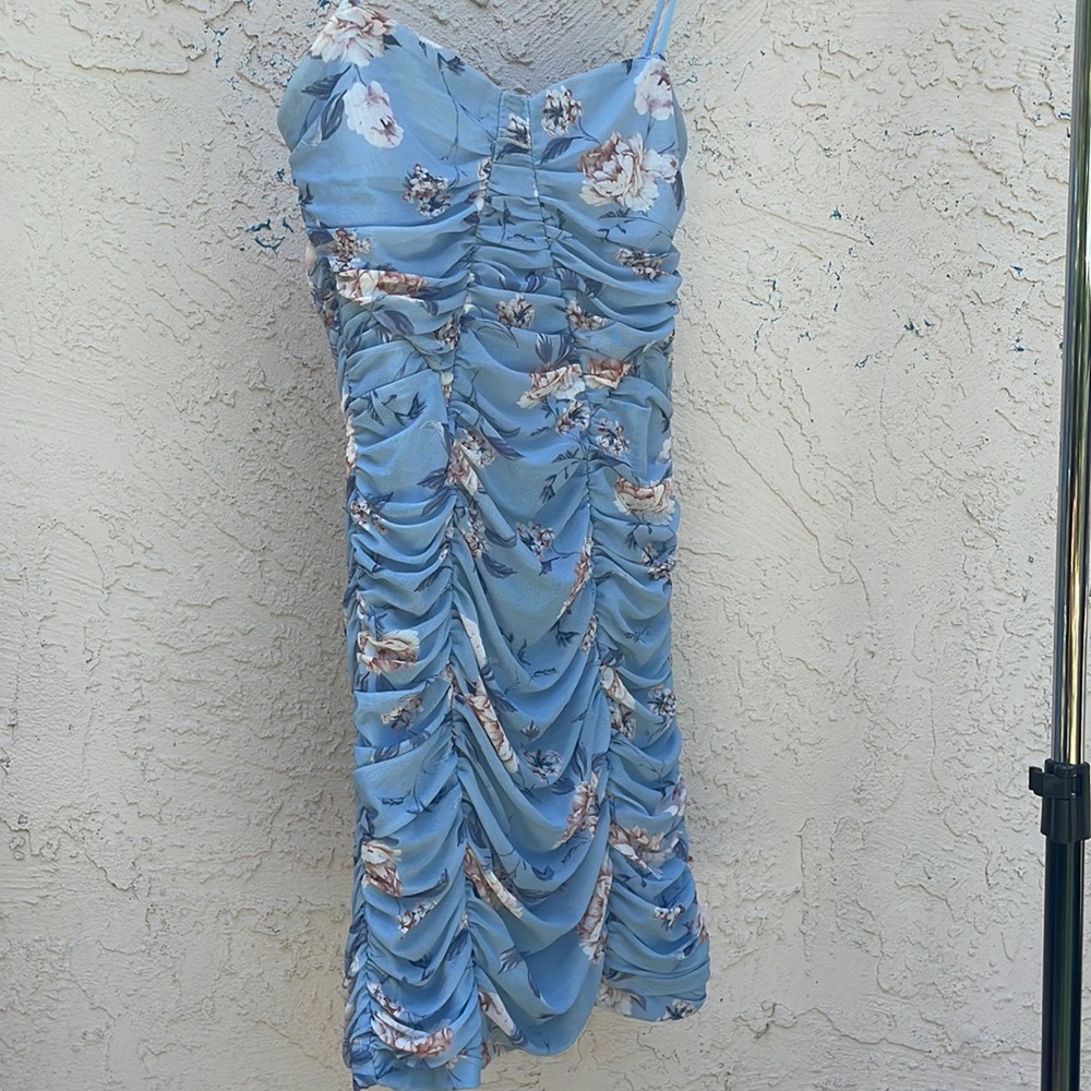Light Blue Ruched Mini Dress with Floral Print